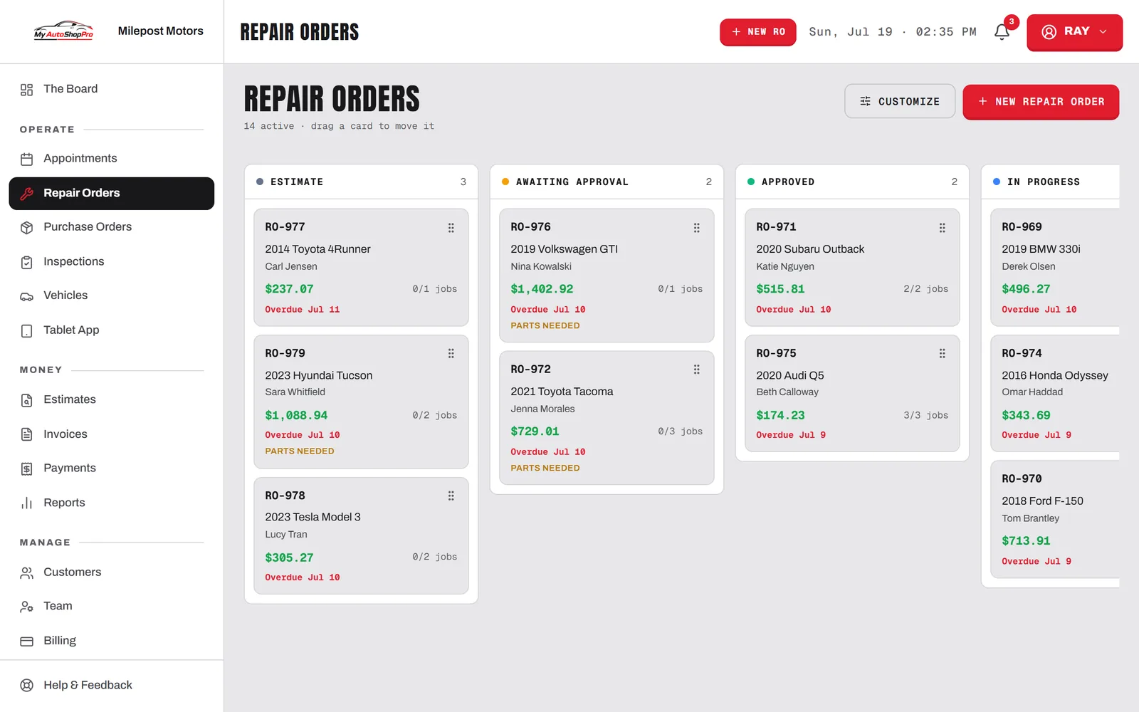 The live repair-order board in the MyAutoShopPro dashboard.
