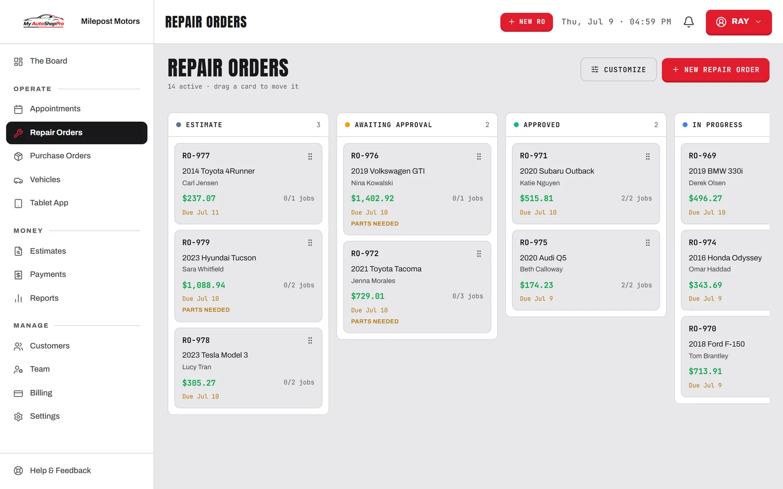 The live repair-order board in the MyAutoShopPro dashboard, with jobs moving from estimate to in progress to ready.