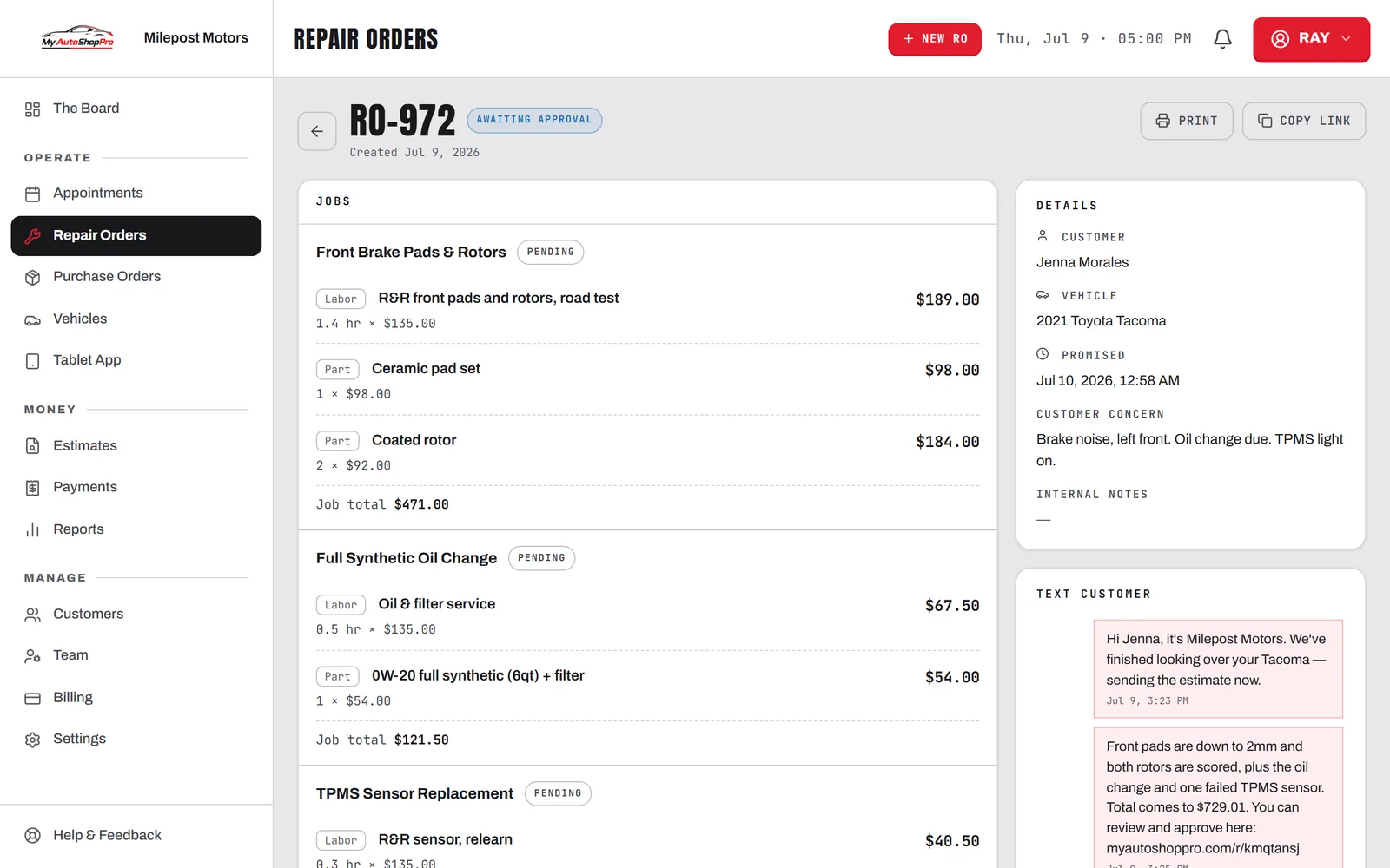 A repair-order detail: services, totals, and a two-way text thread with the customer.