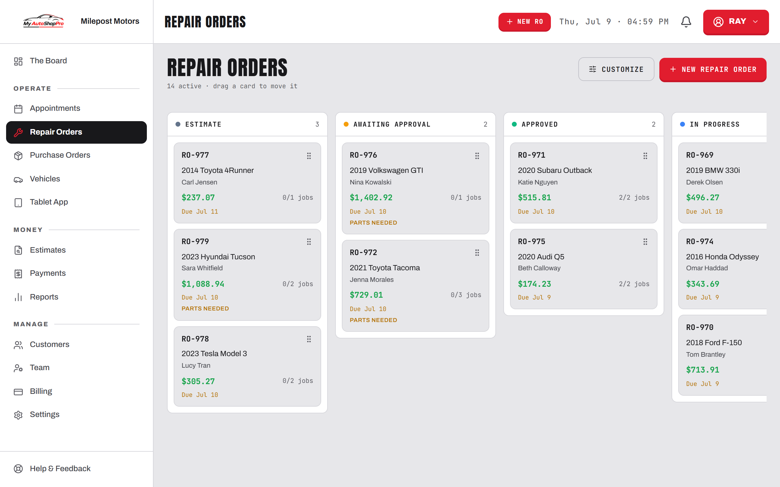 The live repair-order board in the MyAutoShopPro dashboard — cards moving from estimate to approval to in progress.