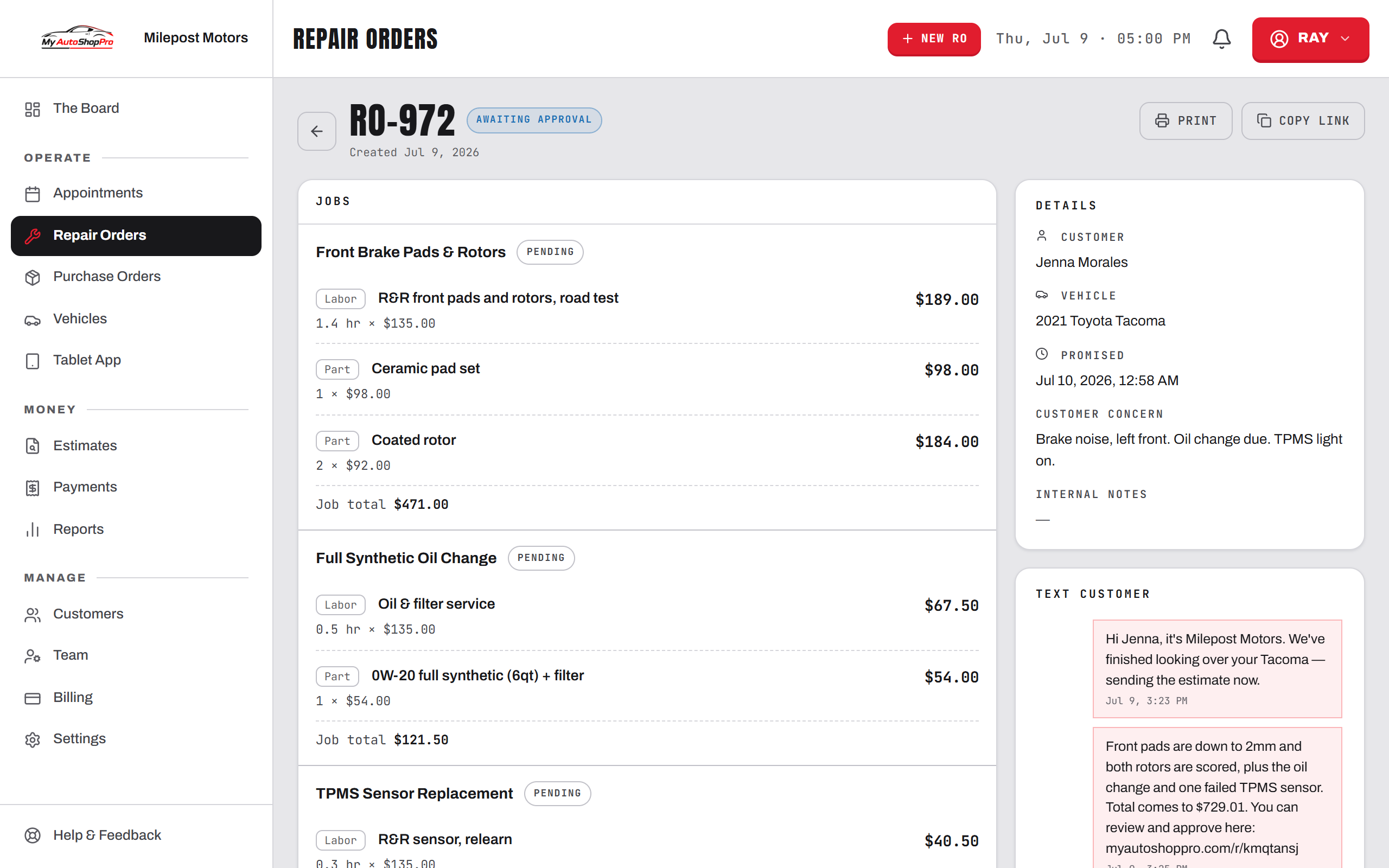 A repair order with the estimate and a two-way text thread — the customer approves the brakes and oil change by SMS.
