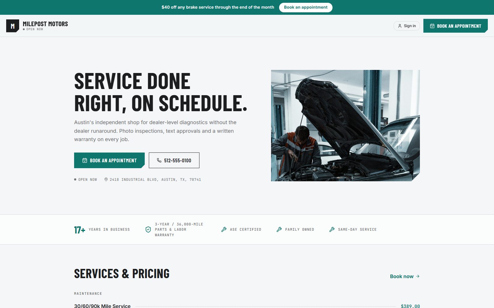 The Apex storefront template: a promo banner, split hero photo and trust strip for Milepost Motors.