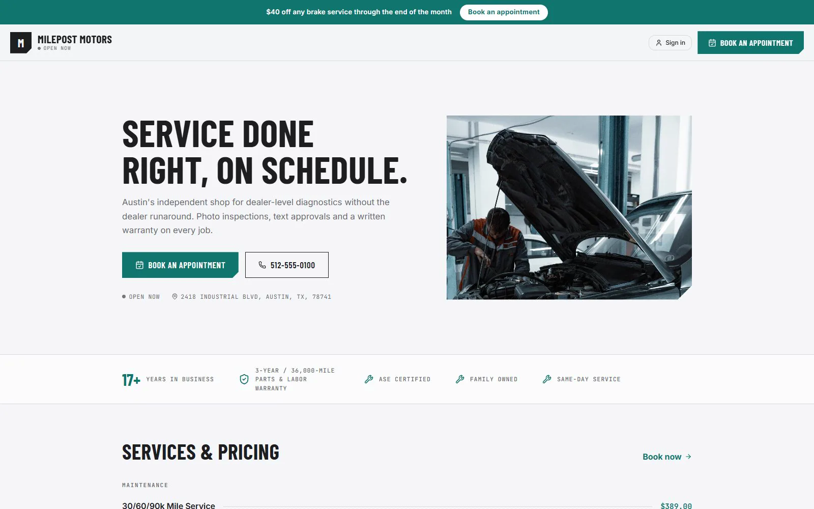 The Apex storefront template: a promo banner, split hero photo and trust strip for Milepost Motors.