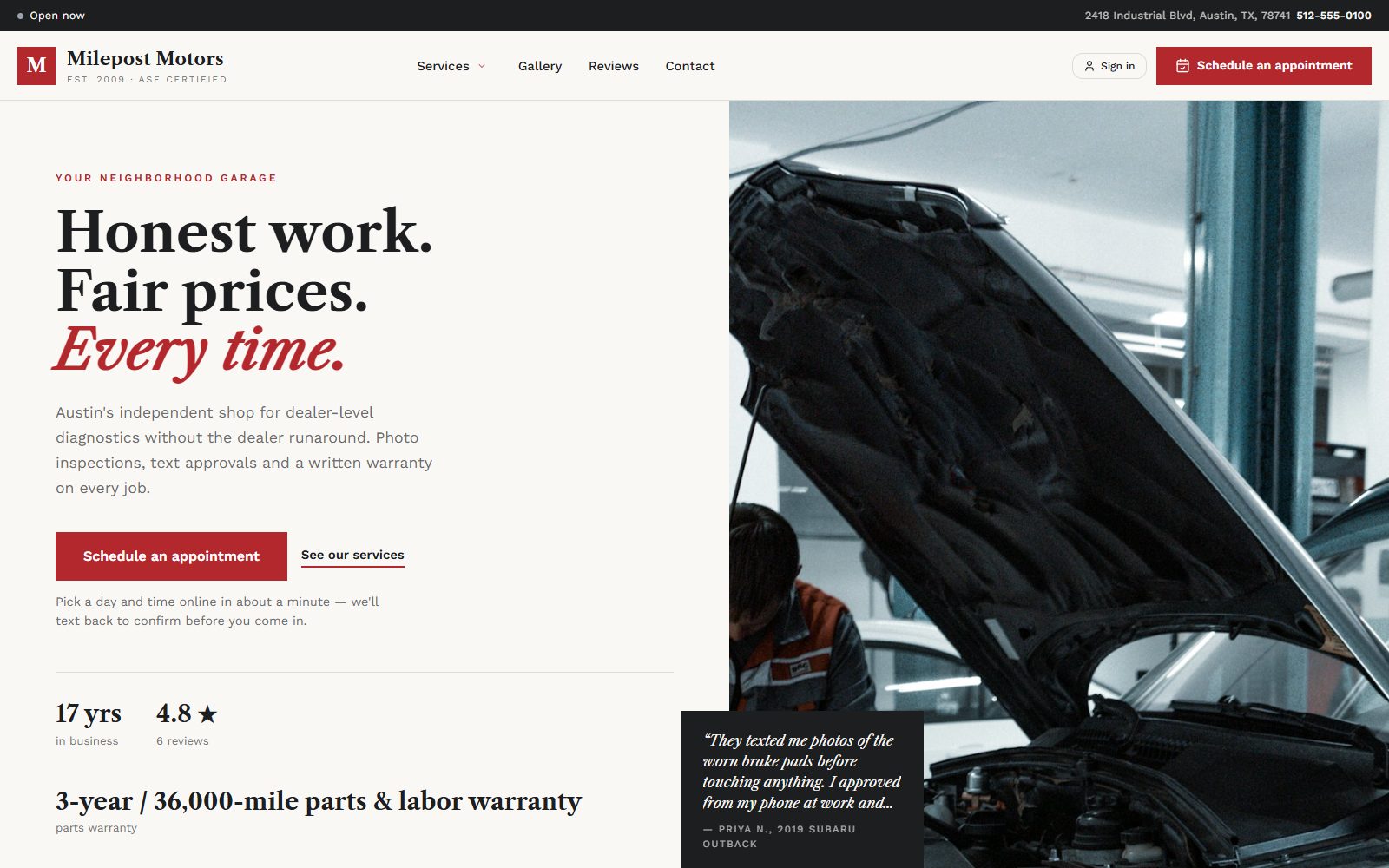 The Classic storefront template: warm serif type over a full-height shop photo.
