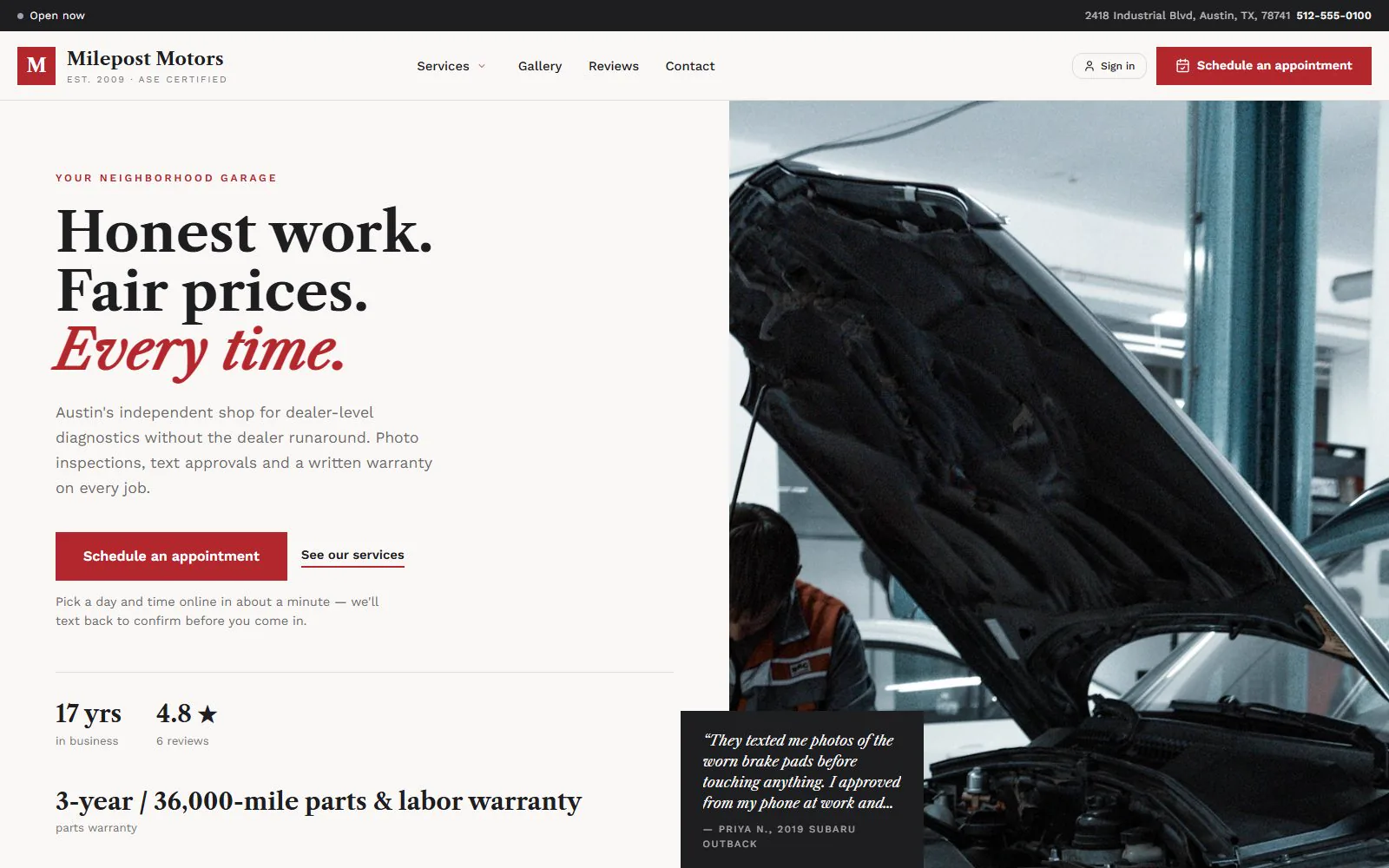 The Classic storefront template: warm serif type over a full-height shop photo.