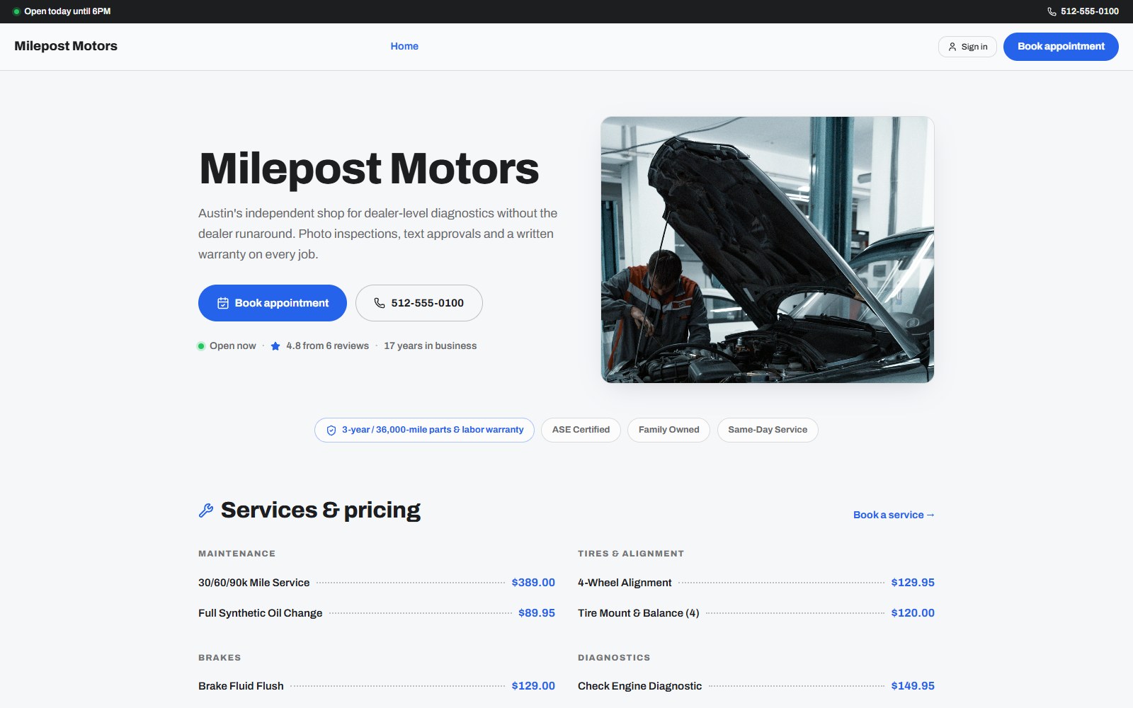 The Ignition storefront template: a bright split hero, trust badges and a two-column services and pricing list.