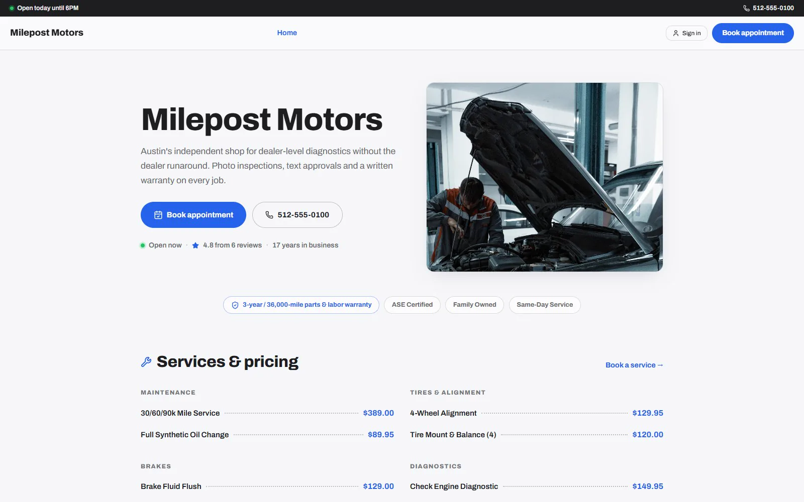 The Ignition storefront template: a bright split hero, trust badges and a two-column services and pricing list.