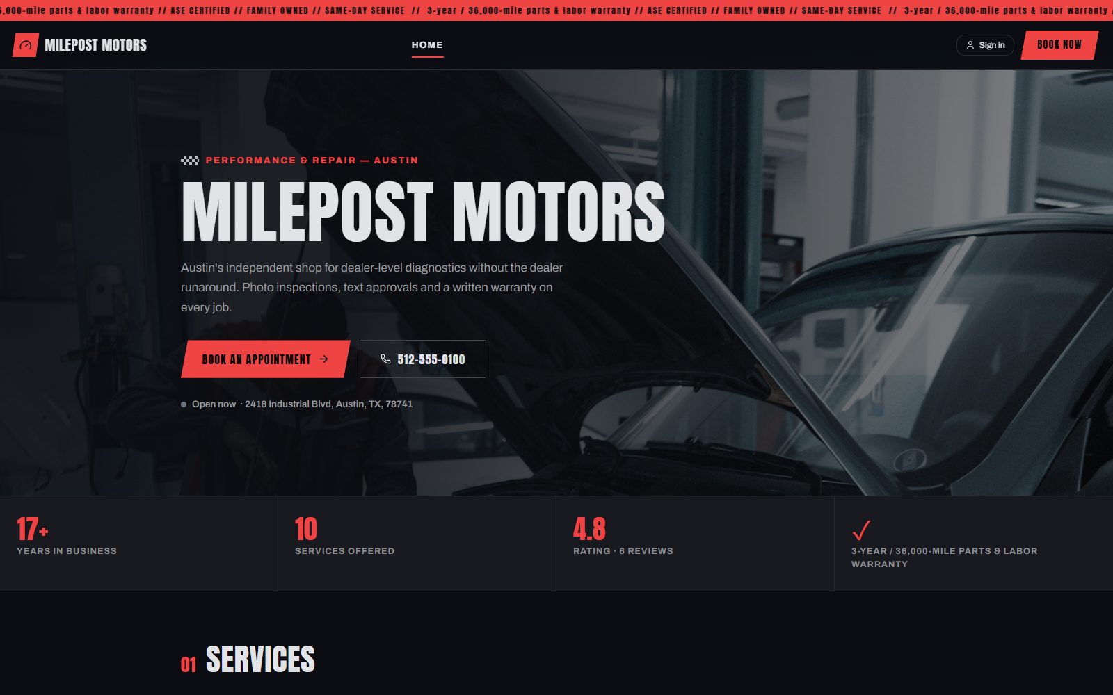 The Redline storefront template: dark motorsport styling with a ticker and stat wall.