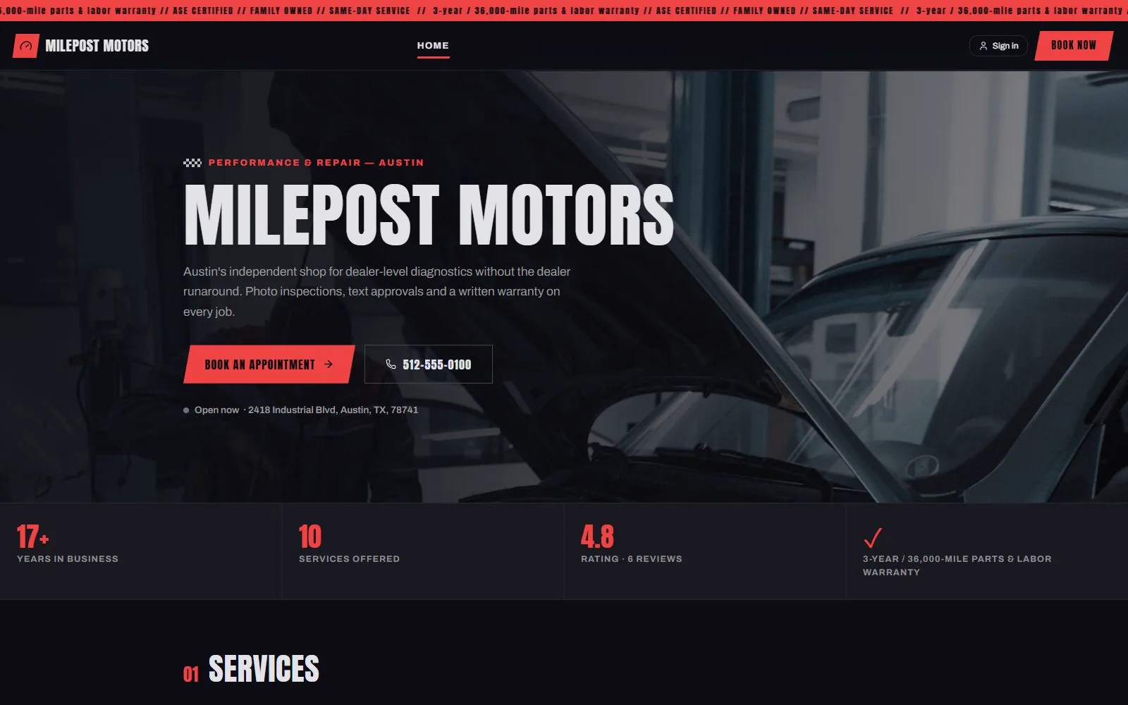 The Redline storefront template: dark motorsport styling with a ticker and stat wall.